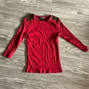 Lauren by Ralph Lauren Deep Red Top with Suede Detailing & Shoulder Ties (P/XS)